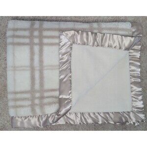 Just Born Tan Beige White Plaid Satin Trim Security Baby Blanket 30X38